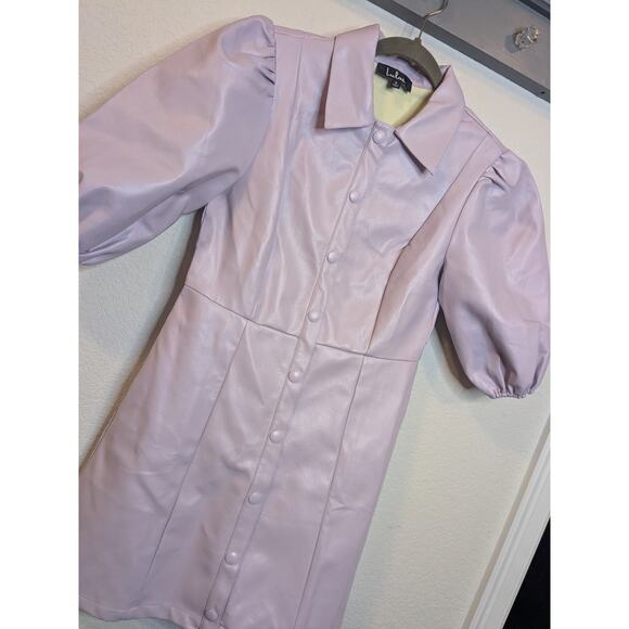 LULUS Sz Sm Cool Style Lavender Vegan Leather Puff Sleeve Button Up Dress $65 - Picture 2 of 7